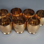 Alcohol service: bottle - 7 golden puffed glasses, vintage mahogany tray 50s sb