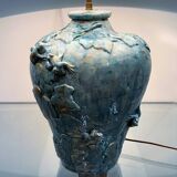 Handmade French ceramic lamp with ivy & frogs in turquoise glaze with gold accents