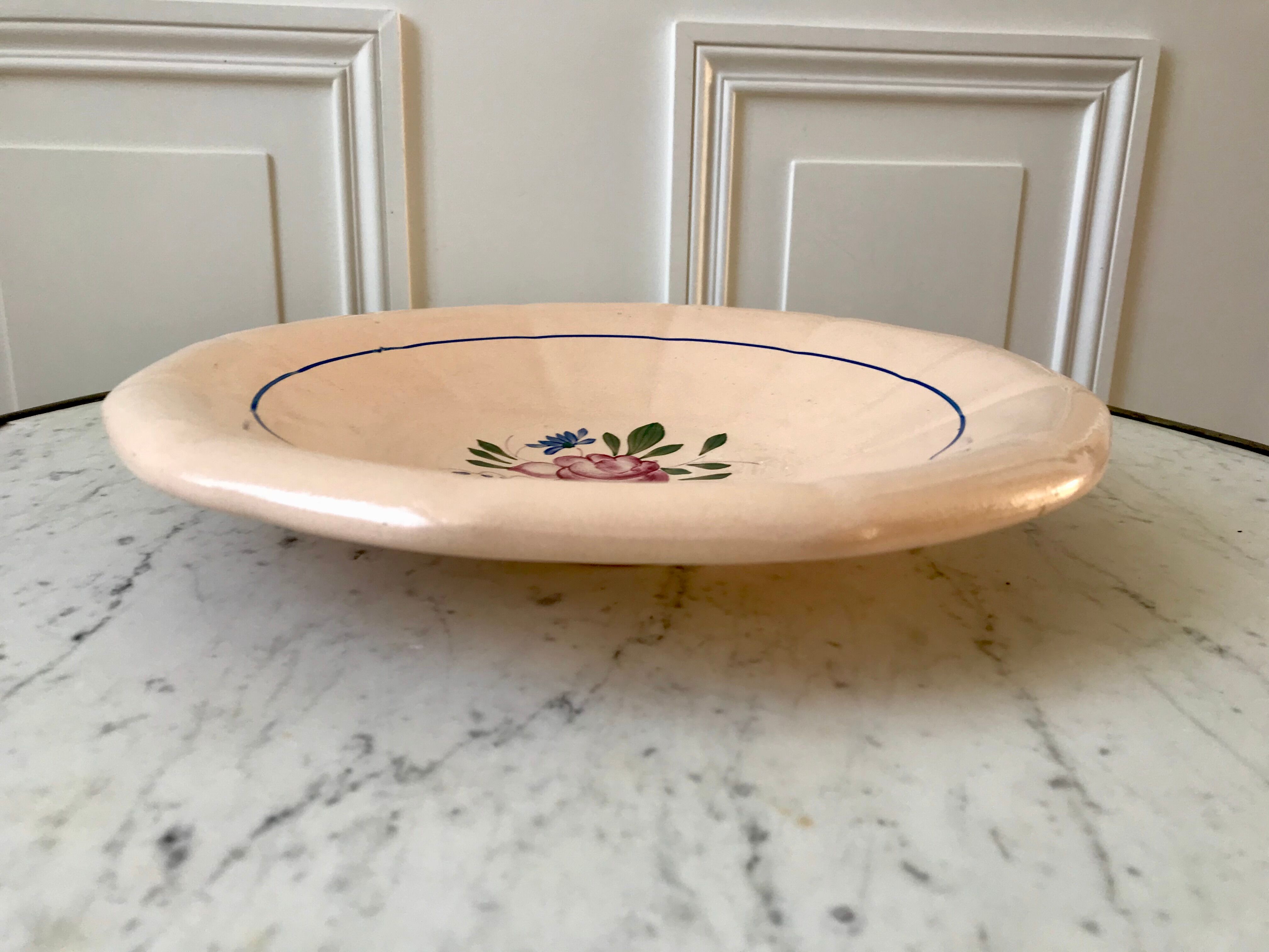 hollow dish Digoin Sarreguemines beige with pink and blue flowers 40s