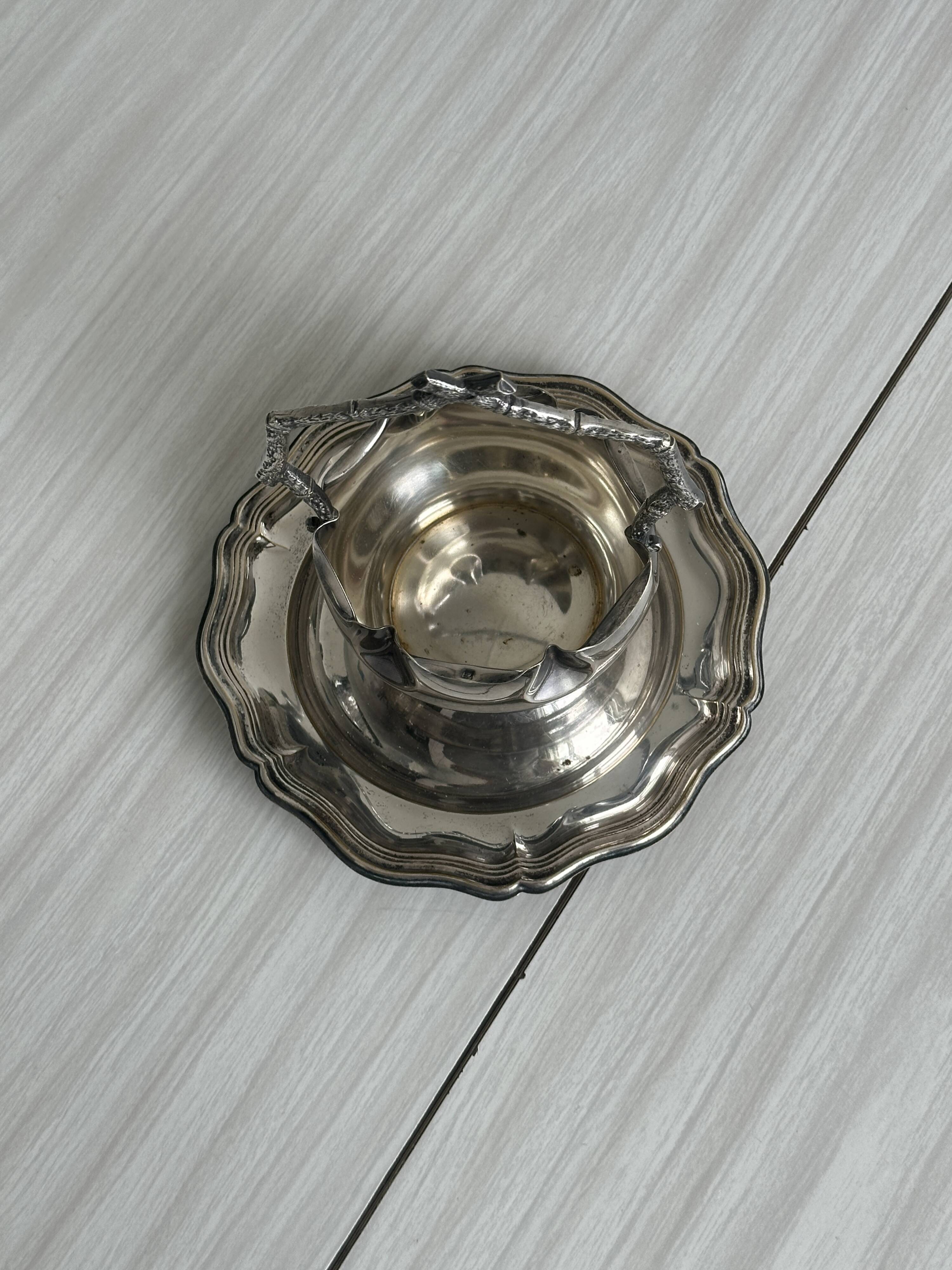 Antique sugar bowl or small sauce boat in patinated silver metal