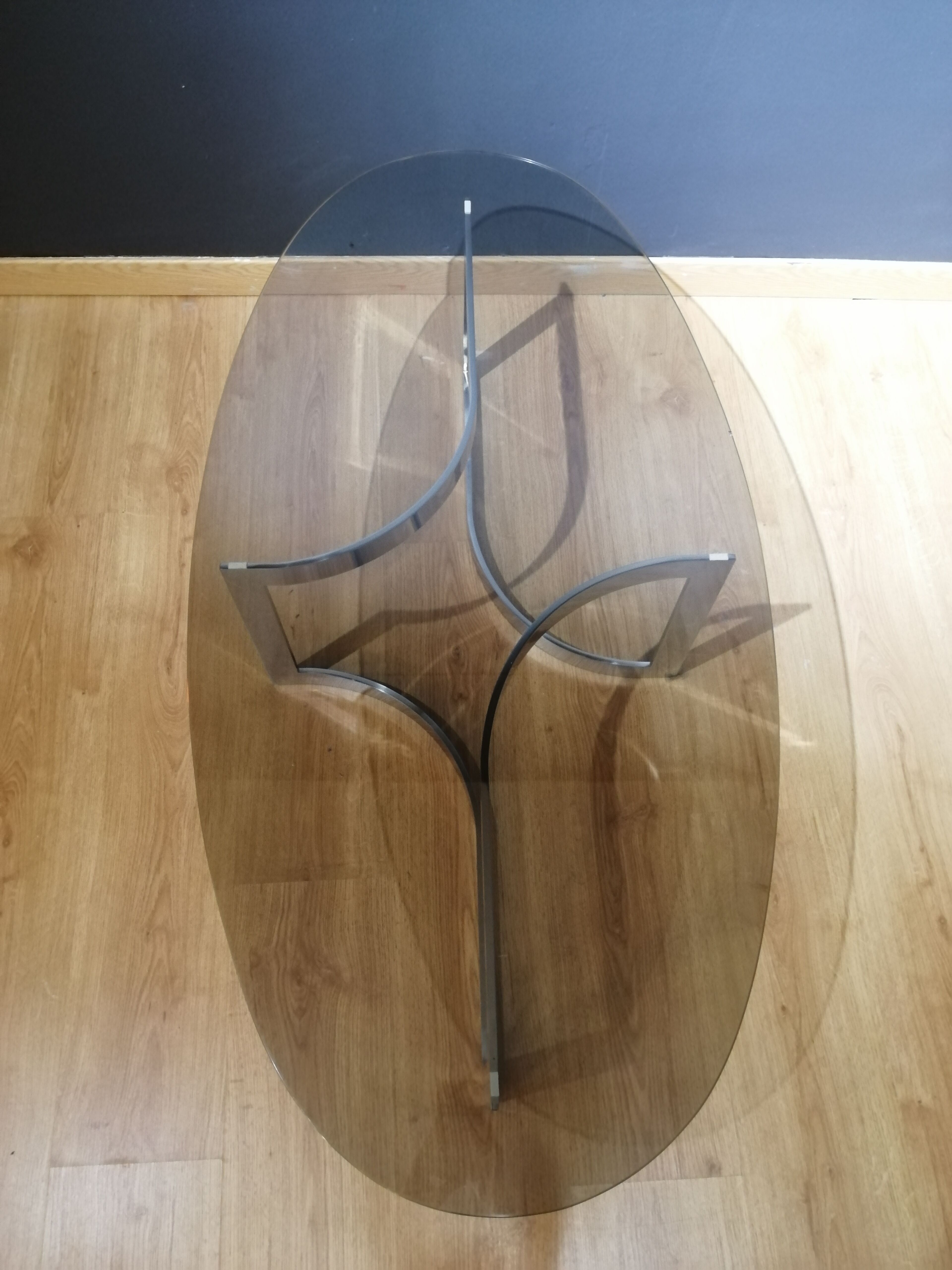 Coffee table in smoked glass and chrome by designer Paul Legeard, 70s