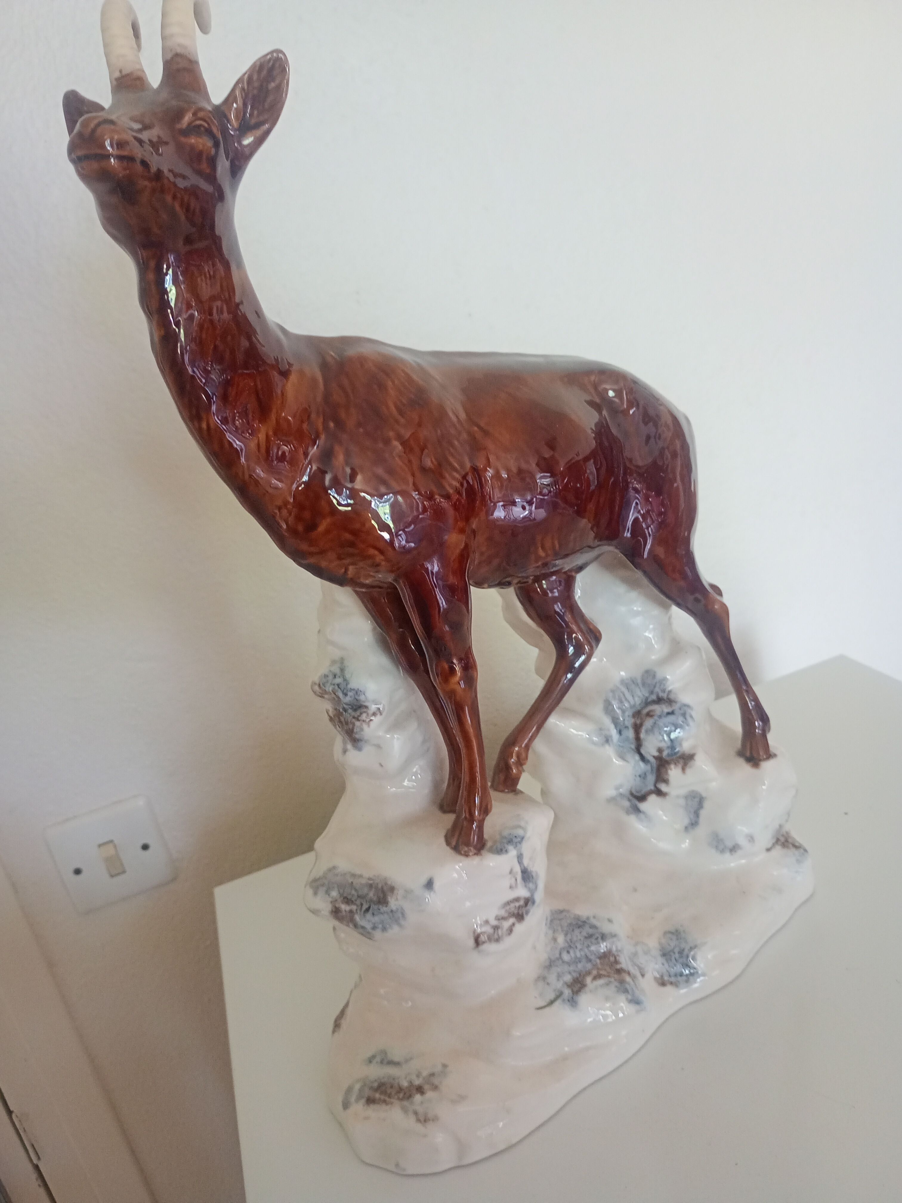 Statuette 43cm chamois on a snowy rock - polychrome ceramic