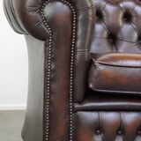 Dark brown flamed cowhide English 2.5 seater Chesterfield sofa