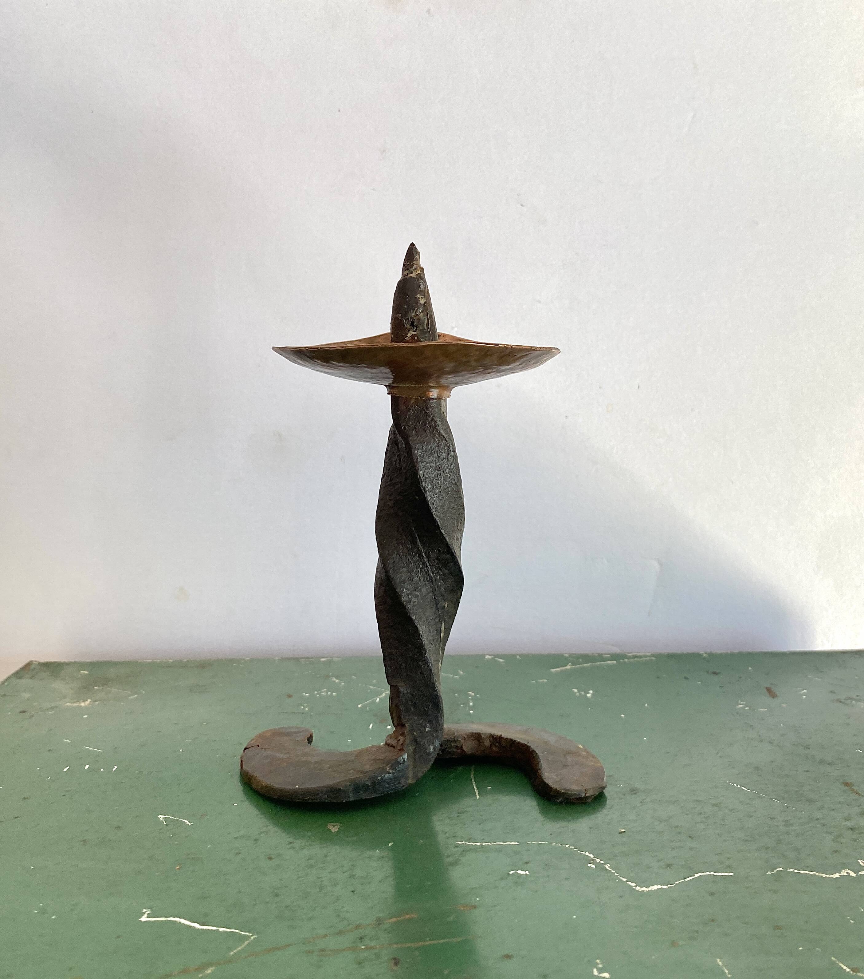 Brutalist wrought iron and brass candle holder