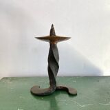 Brutalist wrought iron and brass candle holder