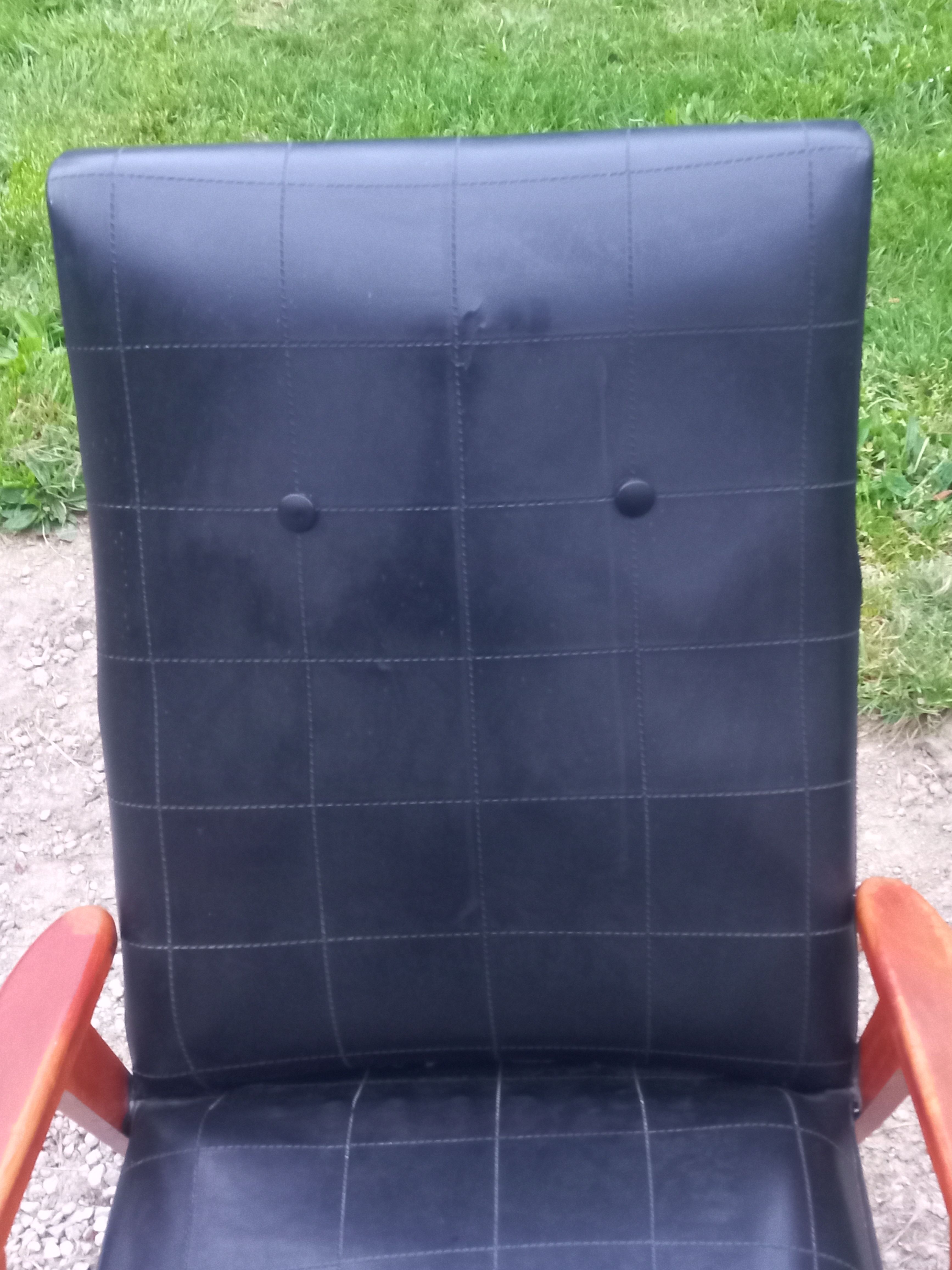Pair of vintage beech armchairs feet compass covered with black moleskine from the 50s