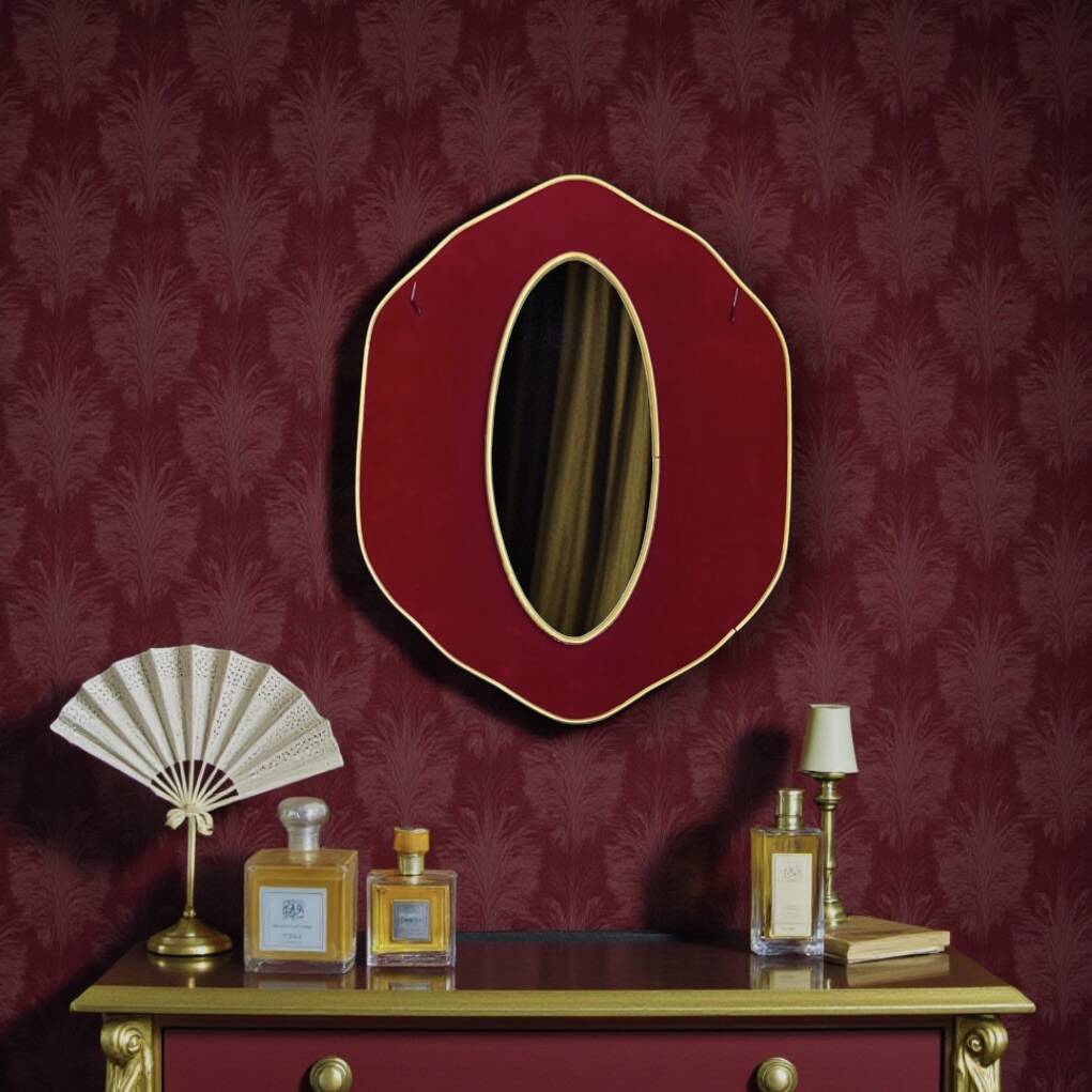 Oval wall mirror in burgundy velvet and brass – 1950s–1960s