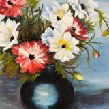 Peinture ancienne huile sur carton bouquet de fleurs anémones rouges et blanches 1985
