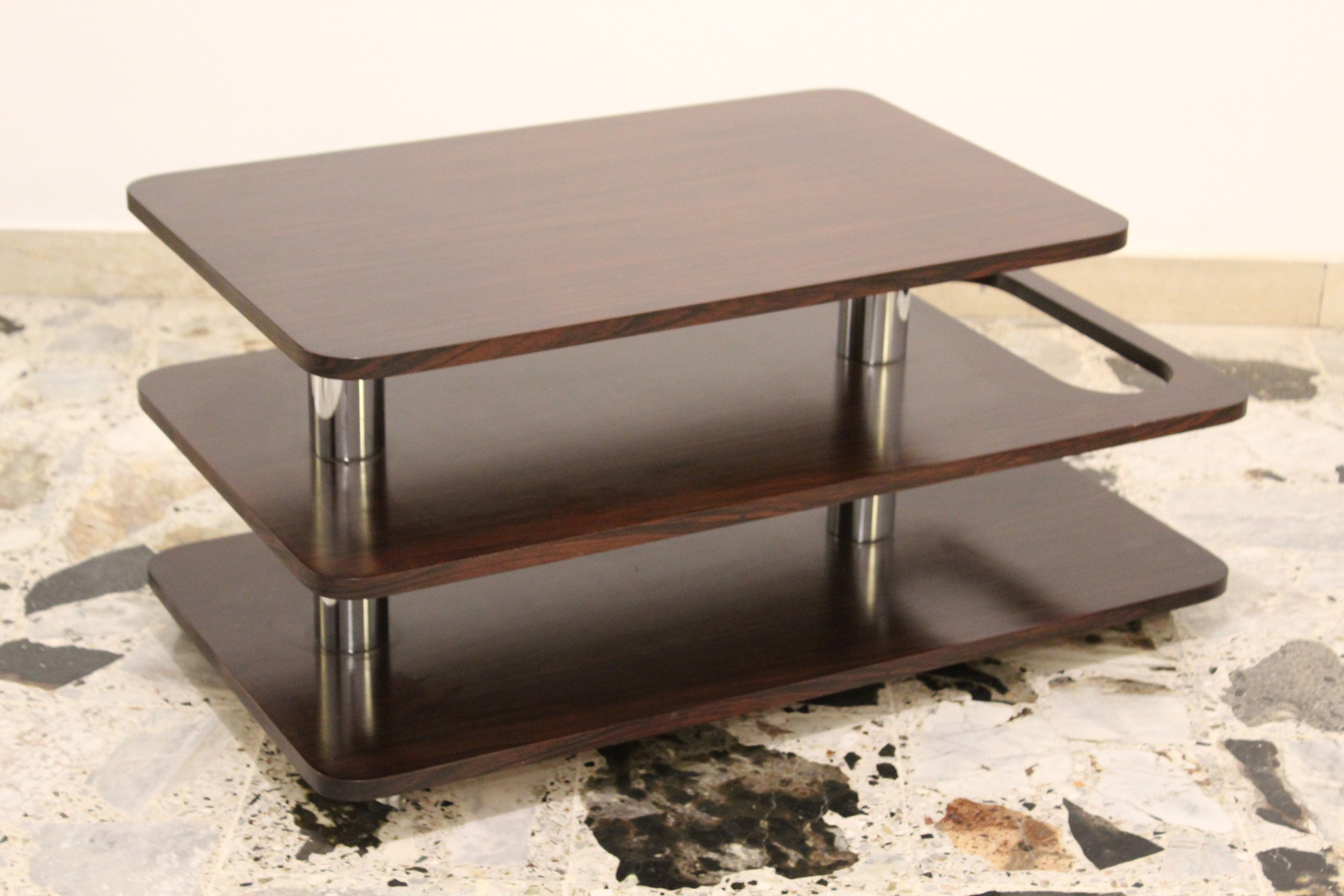 Coffee Table-Bar low laminate rosewood and chromed metal, Italy 70's