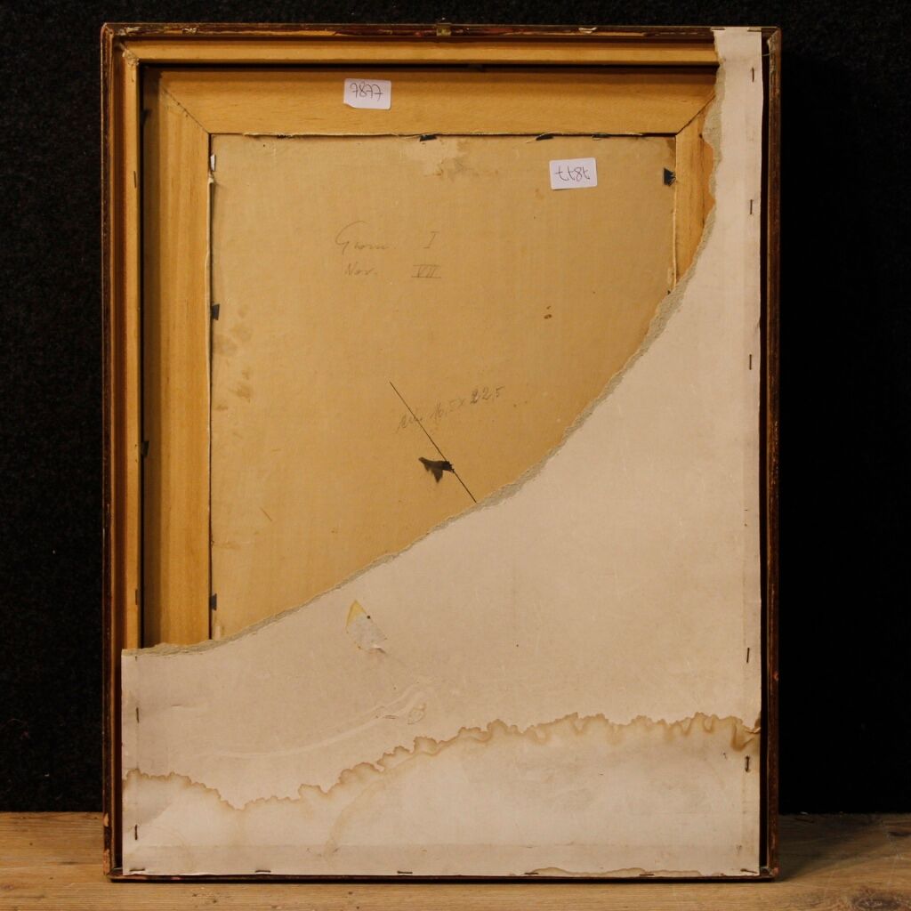 Italian painting interior scene with characters from XXth century