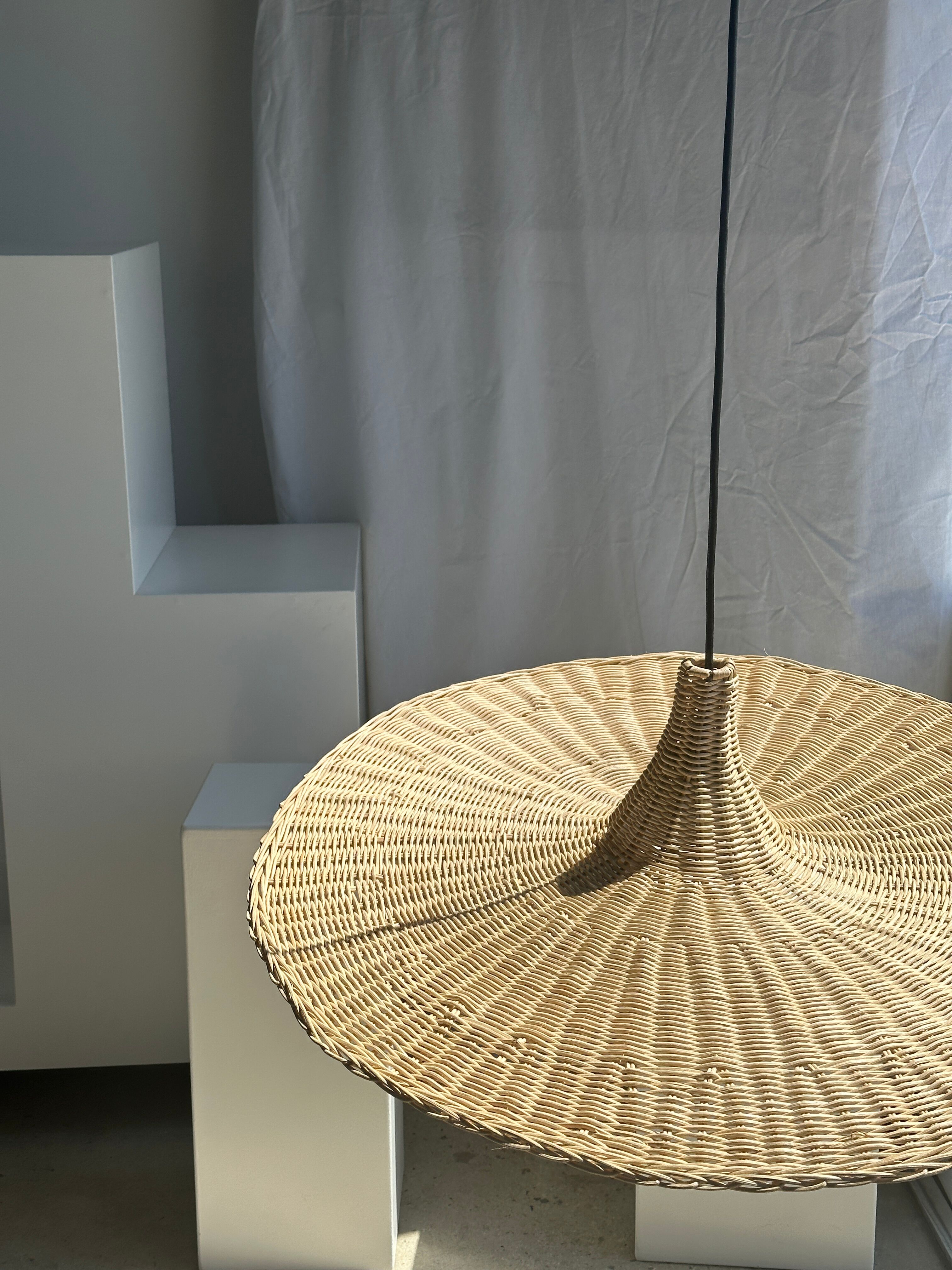 Large suspension, rattan luminaire in hat shape D:80cm