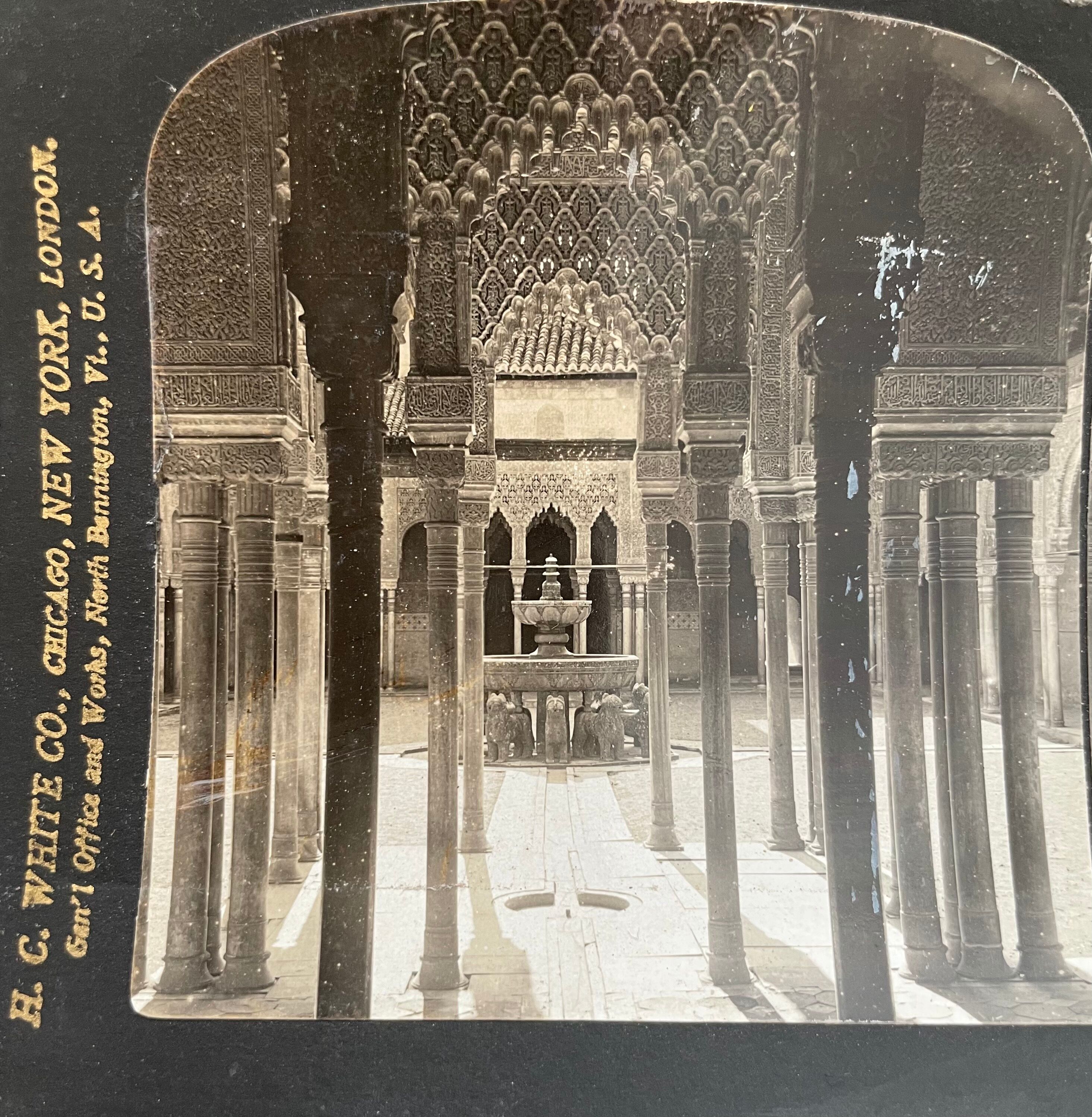 Old photography stereo, stereograph, luxury albumine 1903 Court of lions, Granada, Spain