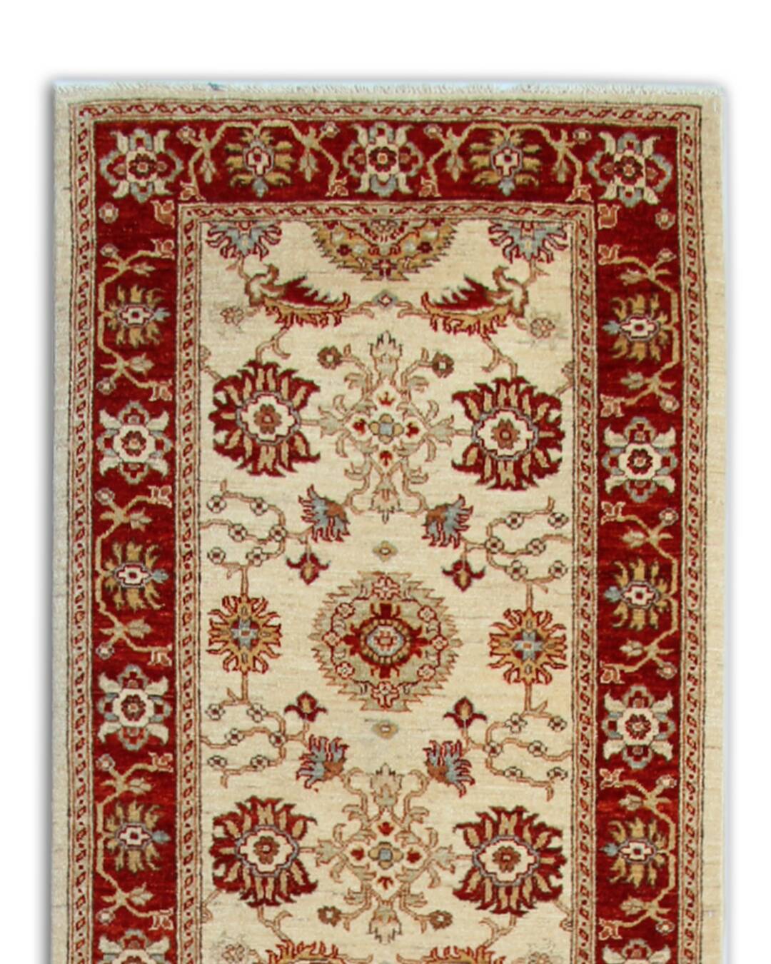 Handmade Cream & Red Wool Runner Rug, Floral Hallway Carpet Stair Runner