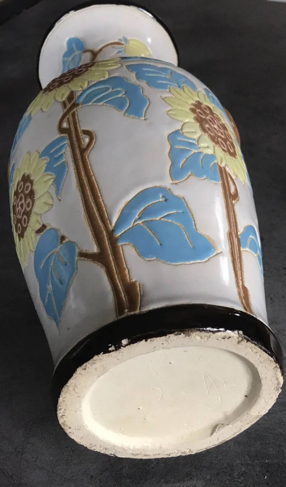 Glazed ceramic vase with polychrome decoration of sunflower flowers 36 cm