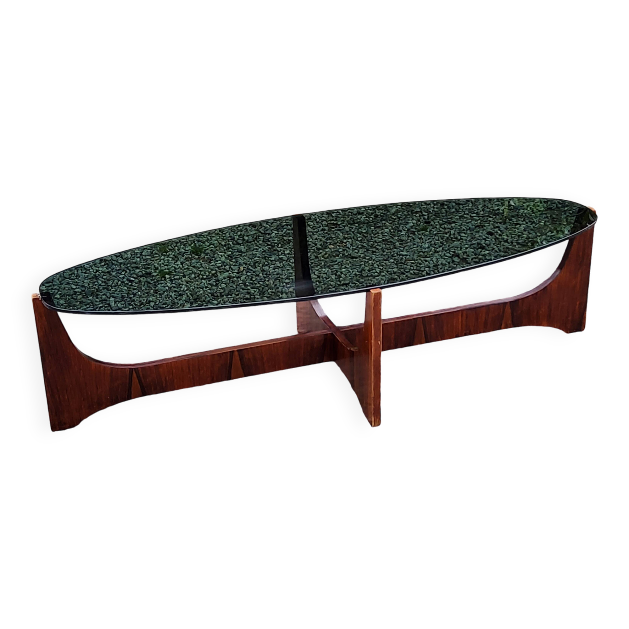 Designer coffee table by Hugues Poignant in rosewood and smoked glass from the 70s