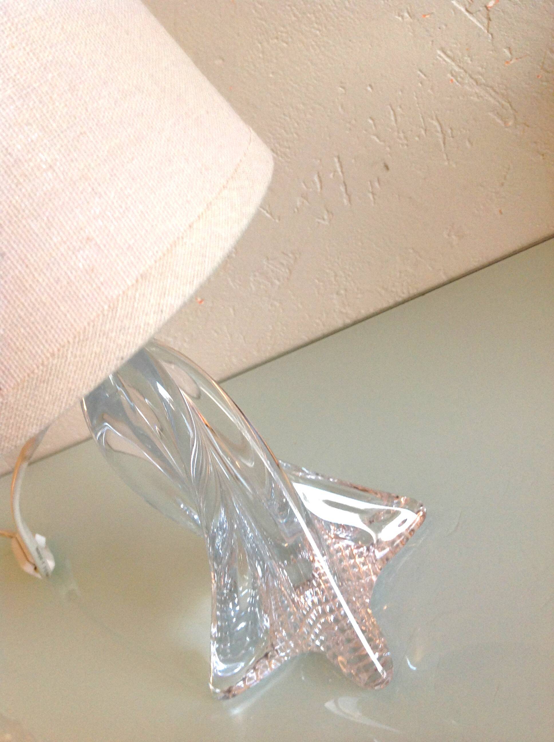 Bedside lamp with glass base and beige fabric lampshade / vintage 60s-70s