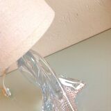 Bedside lamp with glass base and beige fabric lampshade / vintage 60s-70s