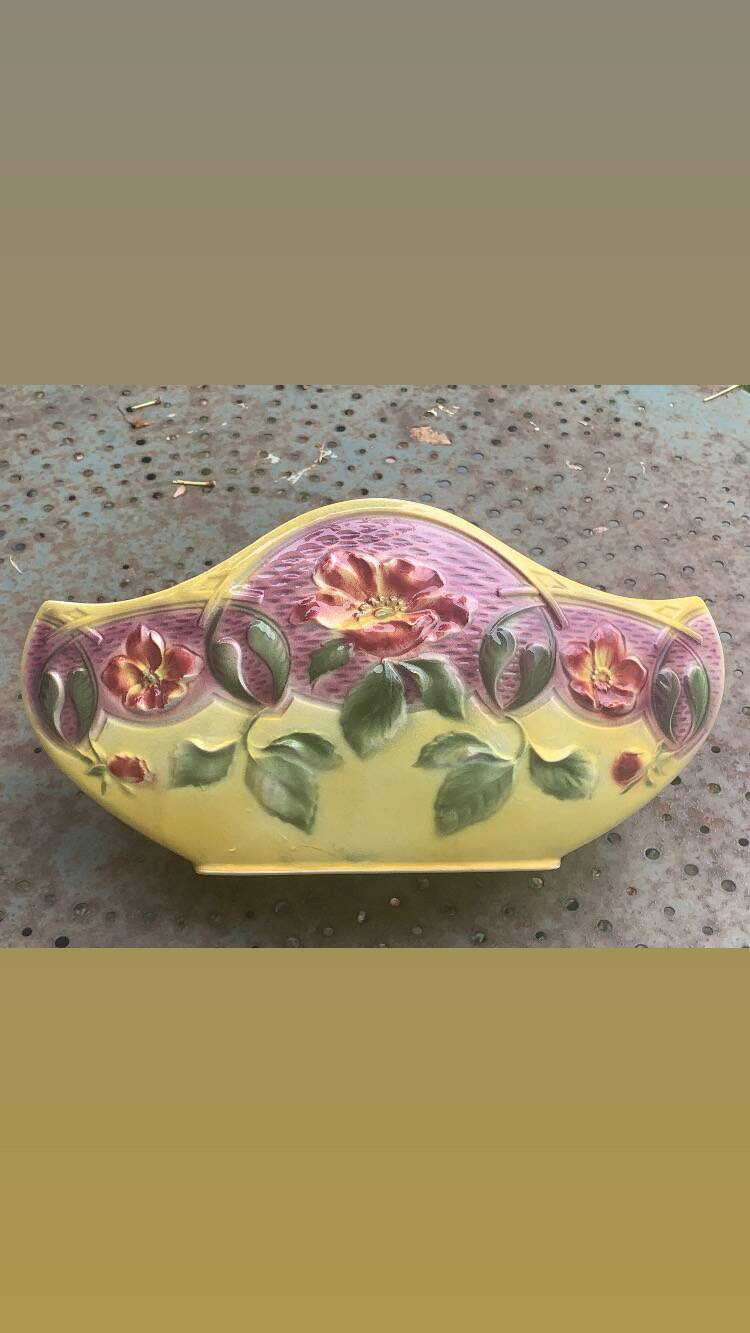 Yellow glazed ceramic slip planter, hawthorn pink flower pattern, art deco