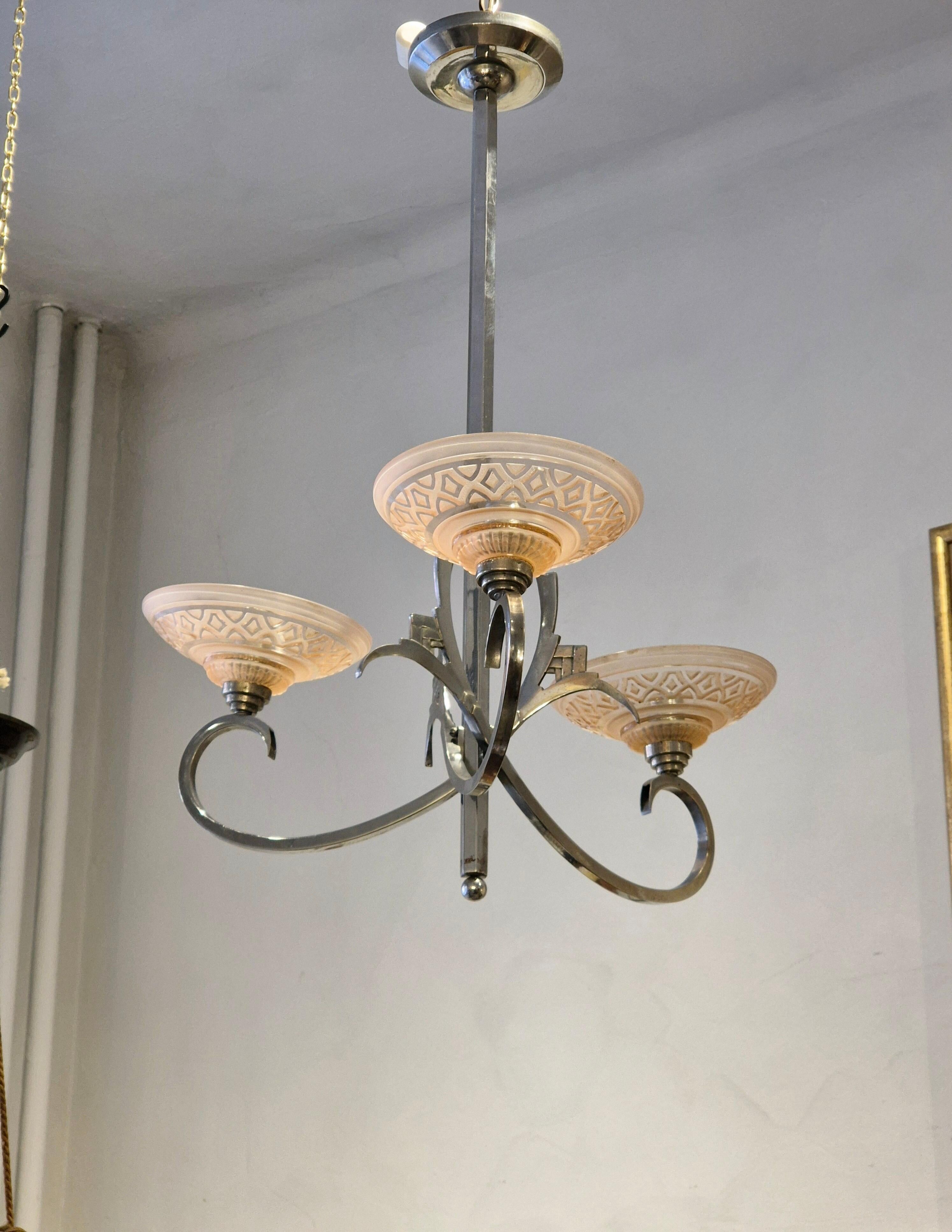 French chandelier, with pink glass shades, Art Deco