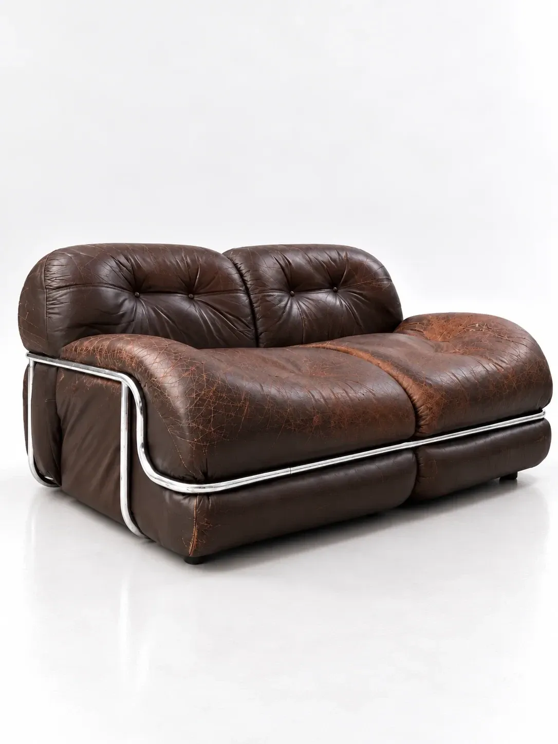 Canapé en cuir marron et chrome, années 1970
