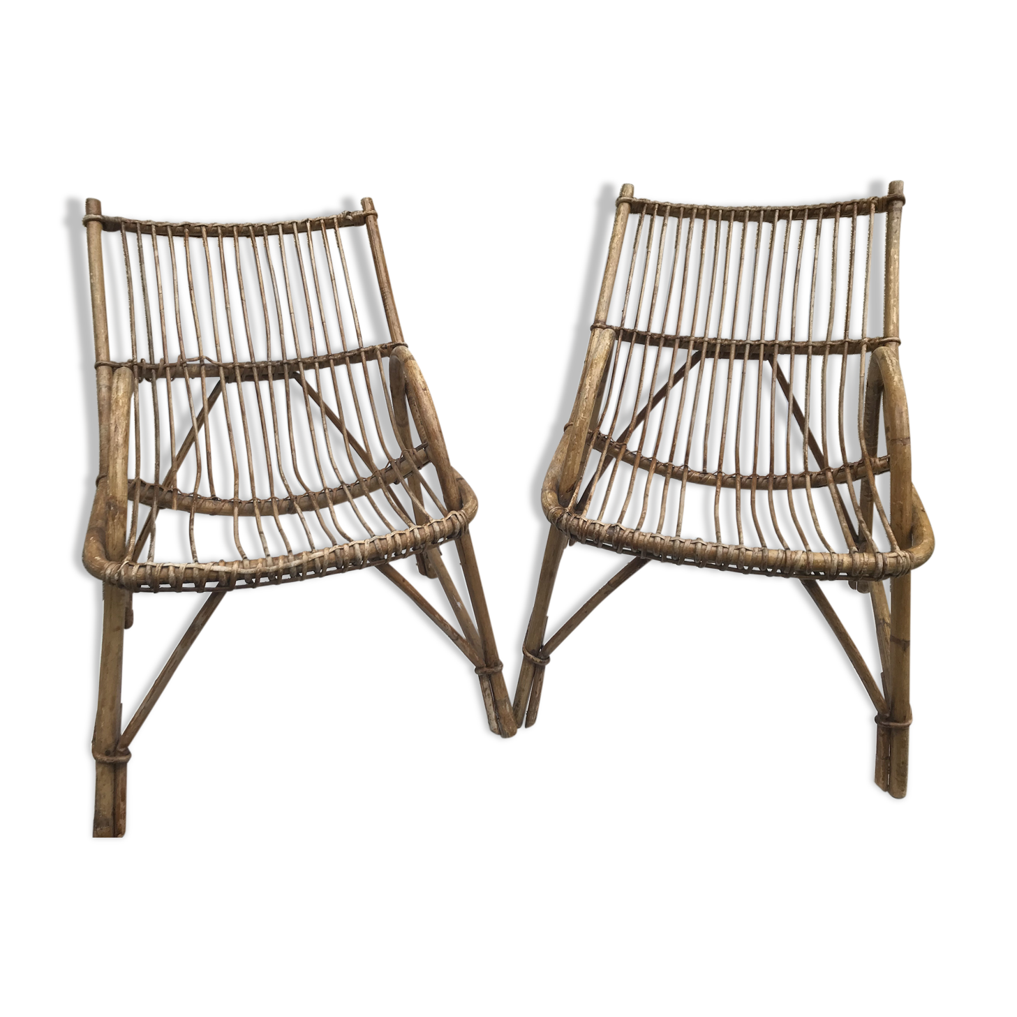 Pair old armchair in rattan curve base years 60 vintage x 2