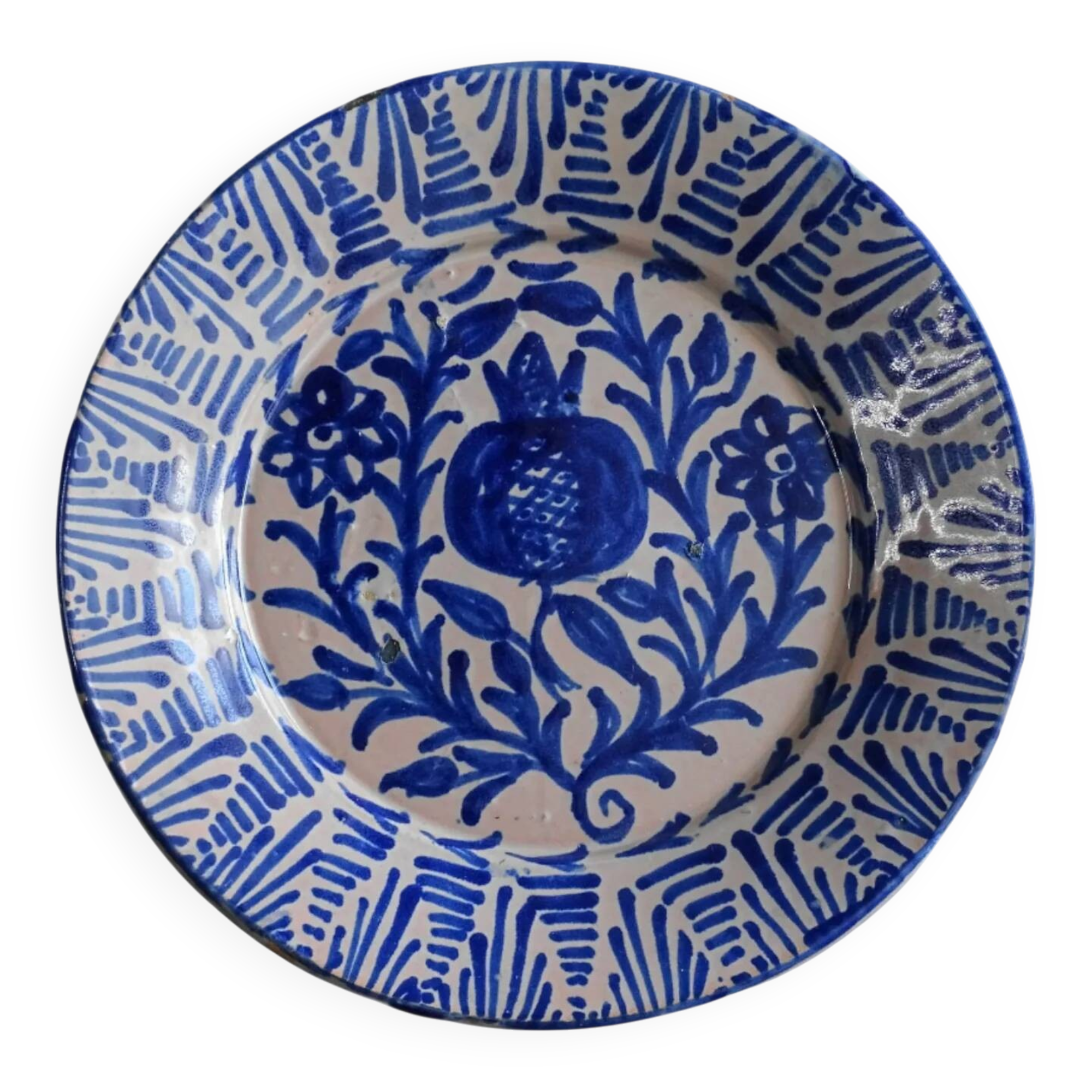 Assiette Fajalauza bleue espagnole ancienne à motif de grenade
