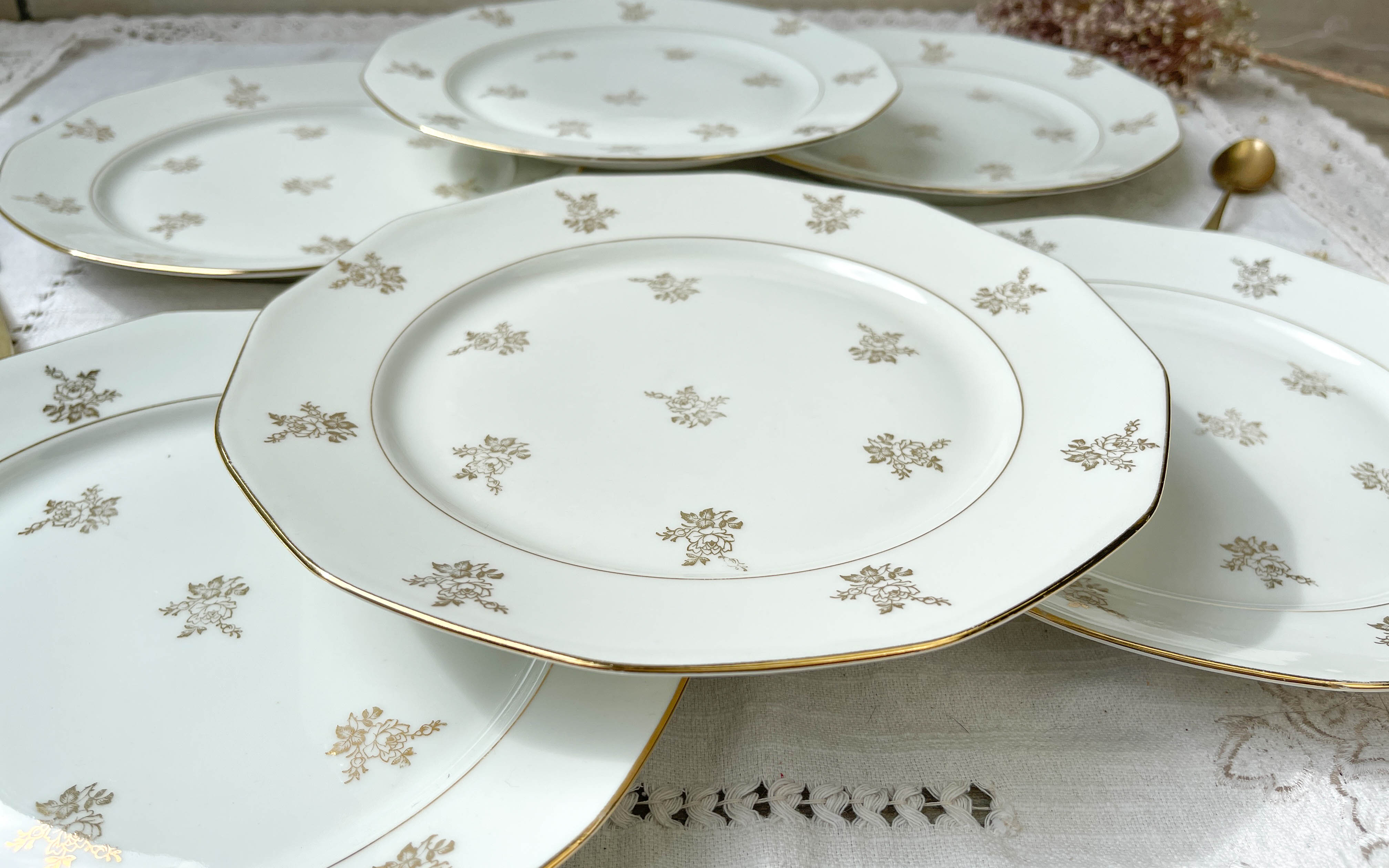 6 Flat plates porcelain white flowers golden Limoges Mehun