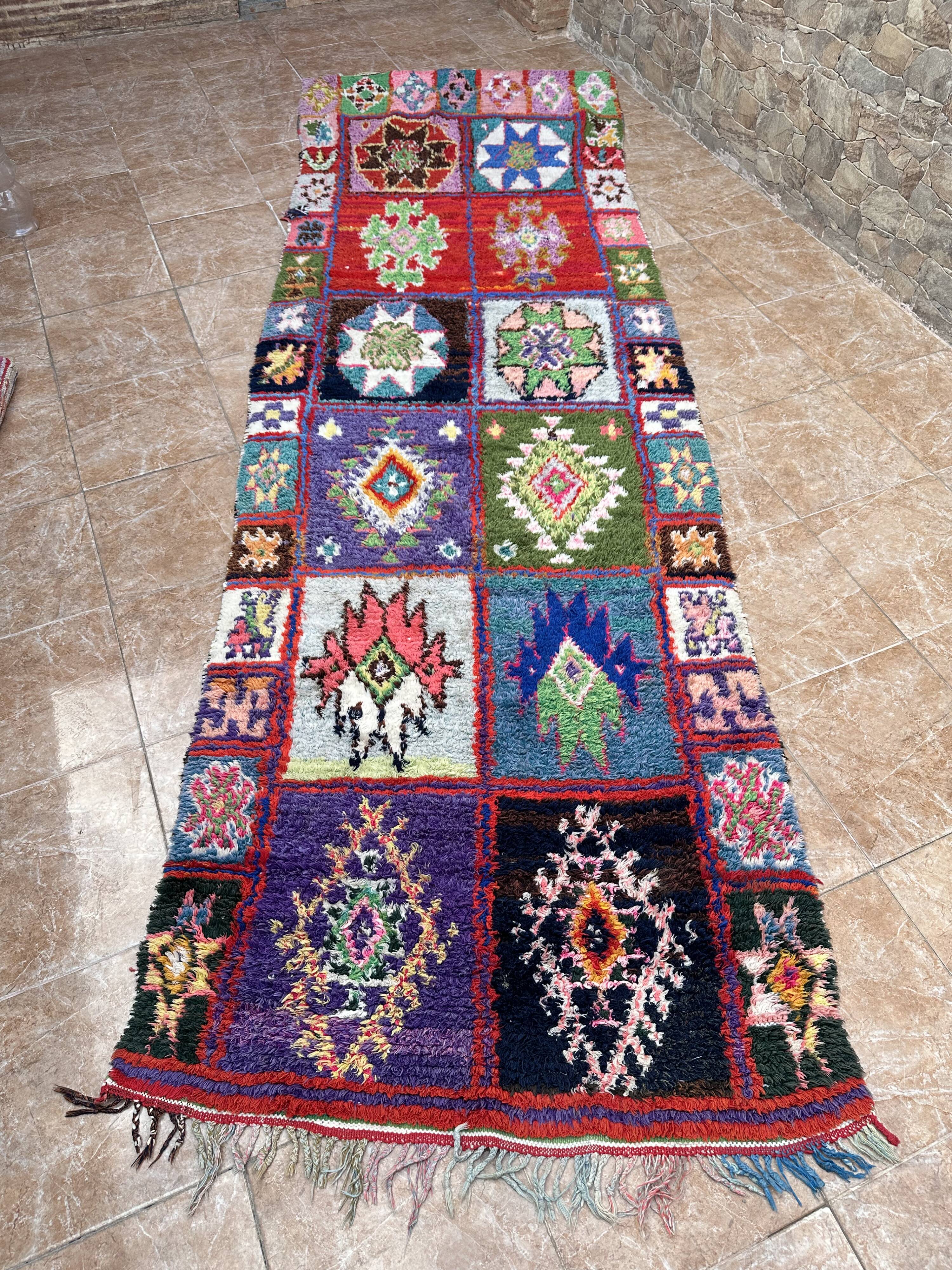 Vintage Boucherouite hallway rug: handwoven Berber rug