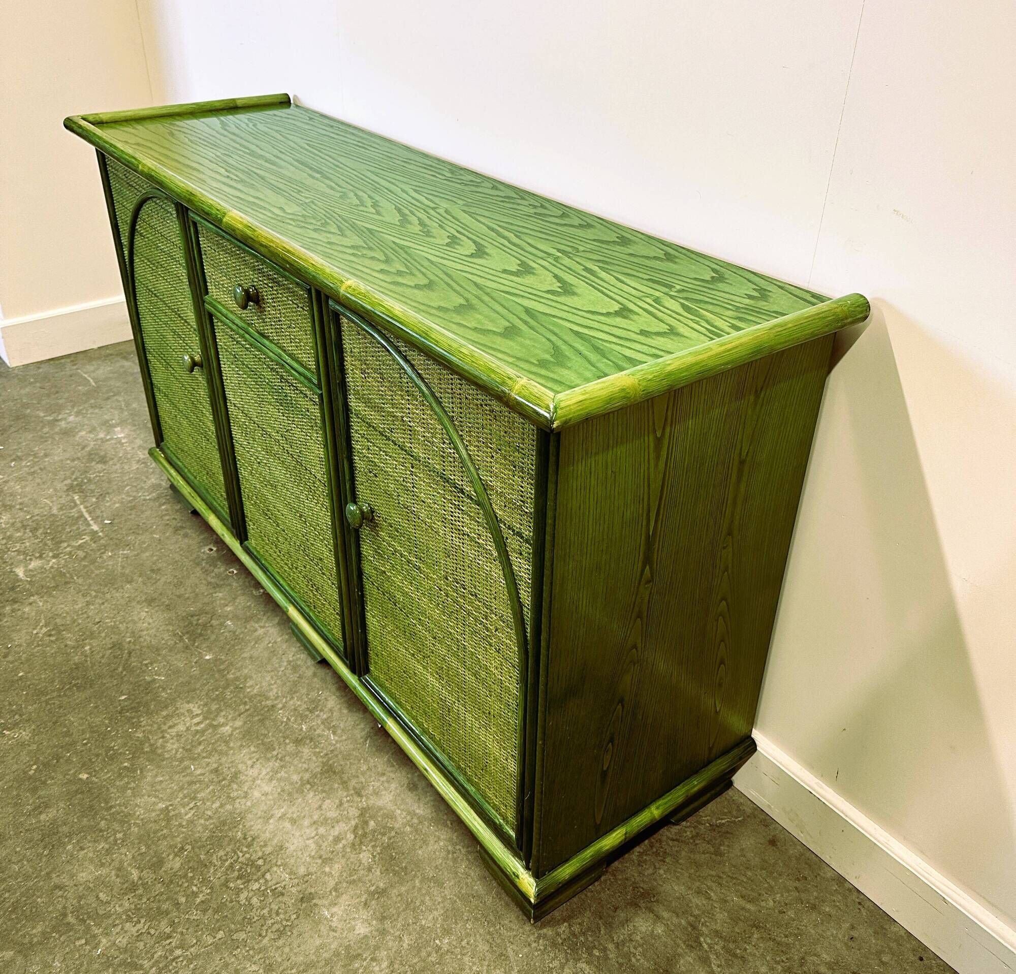 Green Vintage Rattan Sideboard By Maugrion, France, 1980s
