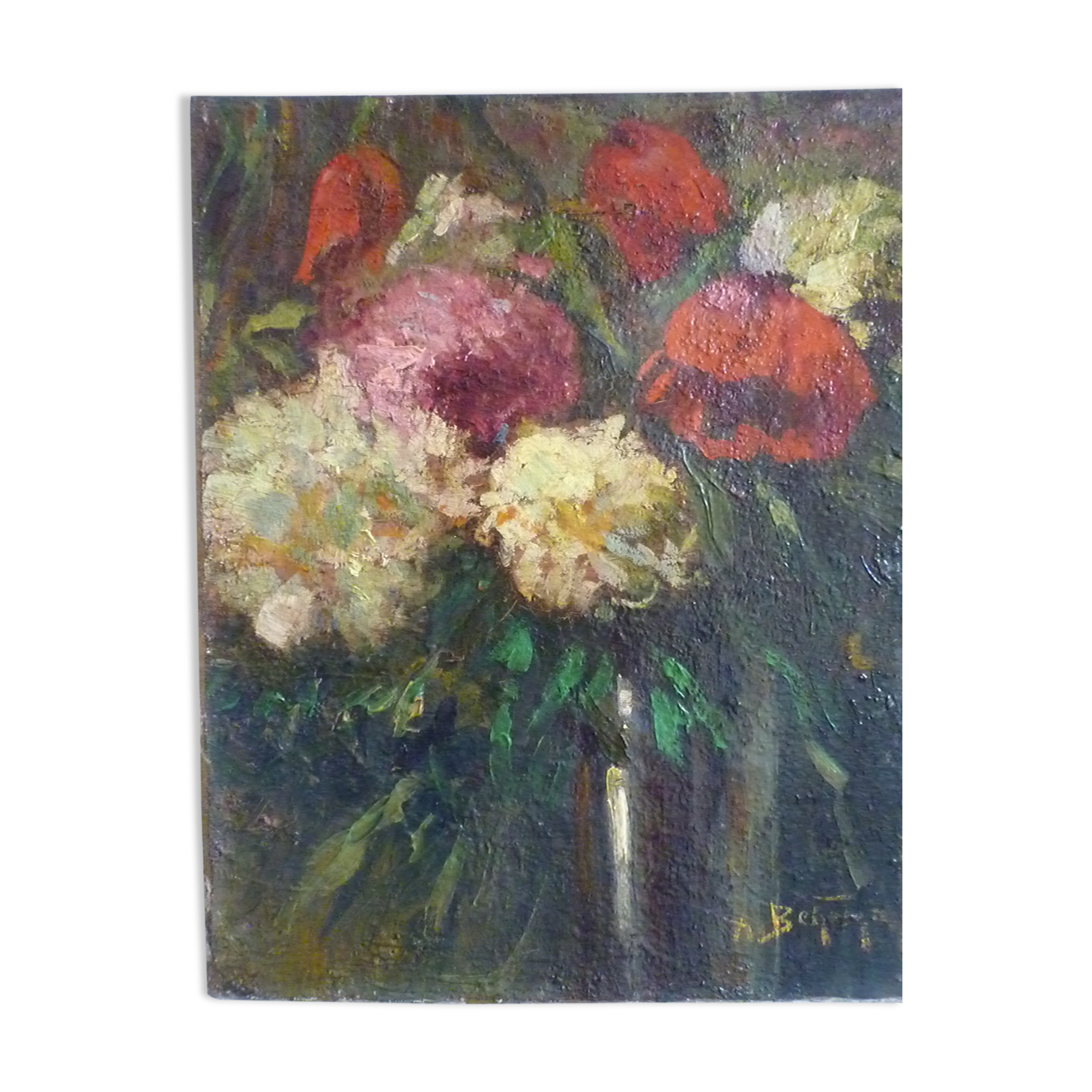 Oil table early twentieth bouquet of flowers