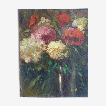 Oil table early twentieth bouquet of flowers