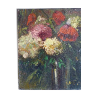 Oil table early twentieth bouquet of flowers
