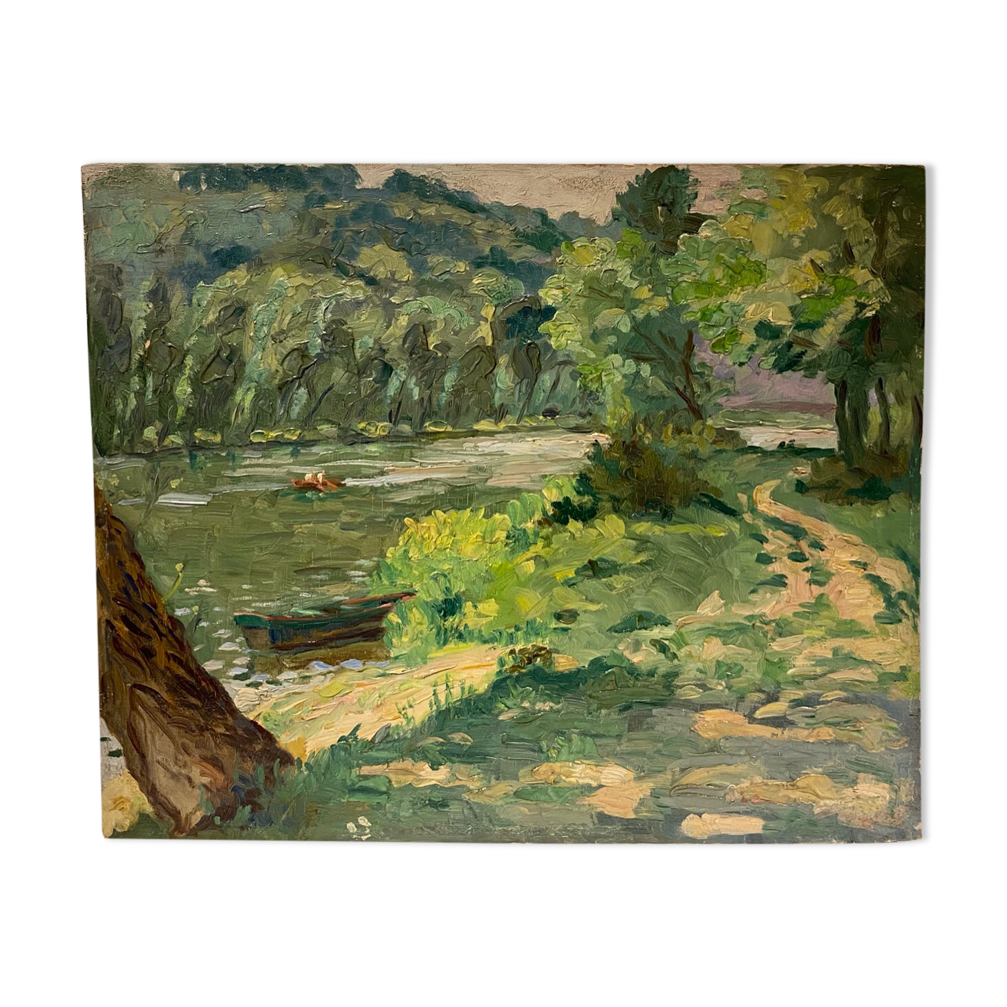 Tableau ancien, paysage, bord de rivière, années 50/60