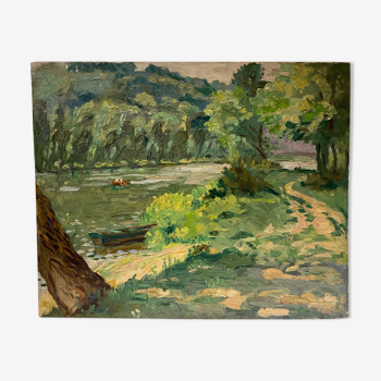 Old painting, landscape, riverside, 50s/60s
