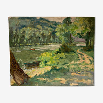 Tableau ancien, paysage, bord de rivière, années 50/60