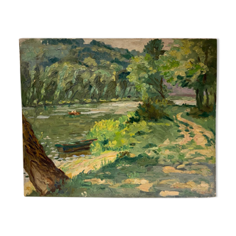 Old painting, landscape, riverside, 50s/60s