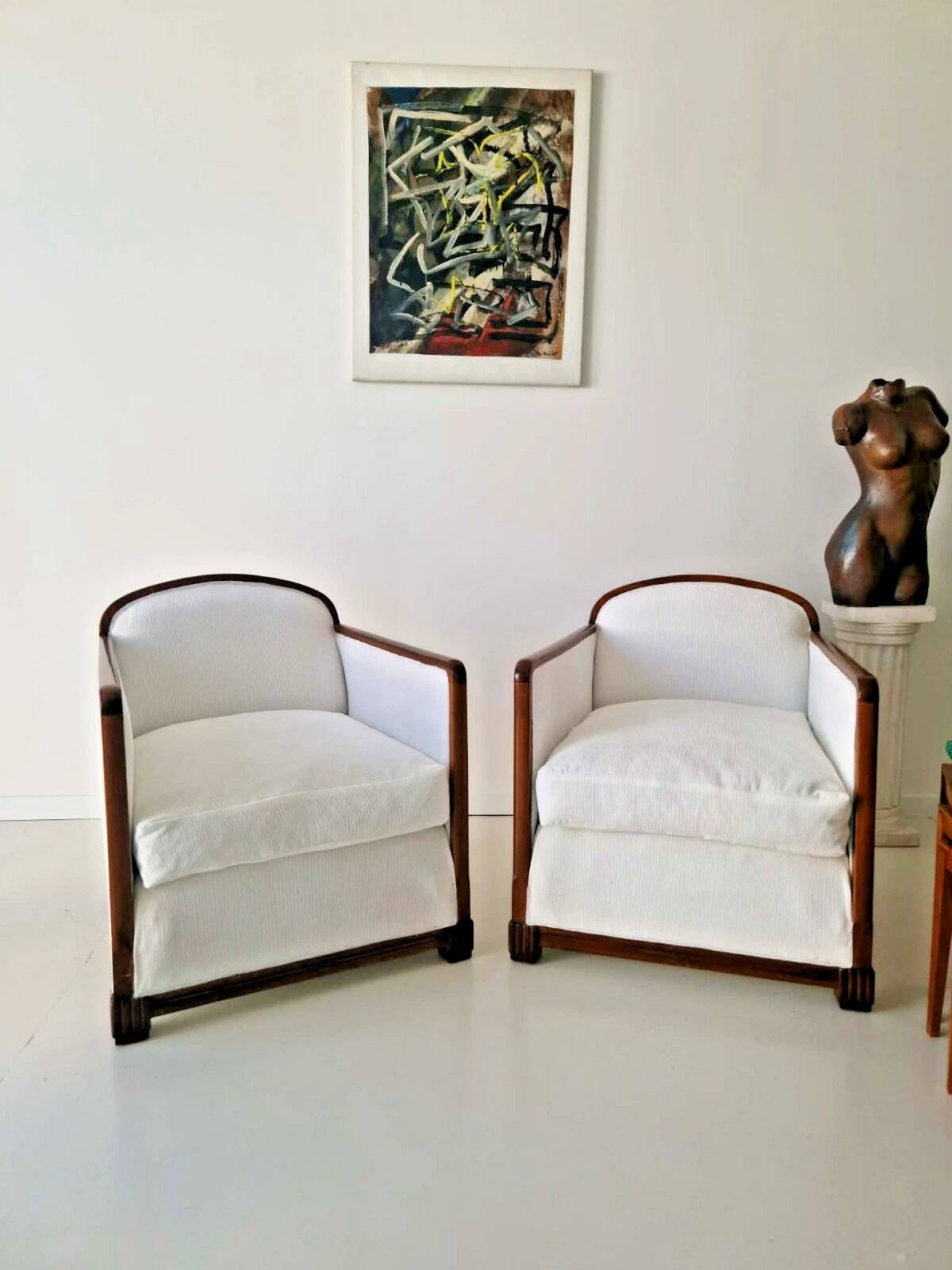 Pair of Large White Art Deco Armchairs 1950s Mid Century Modern Interior De