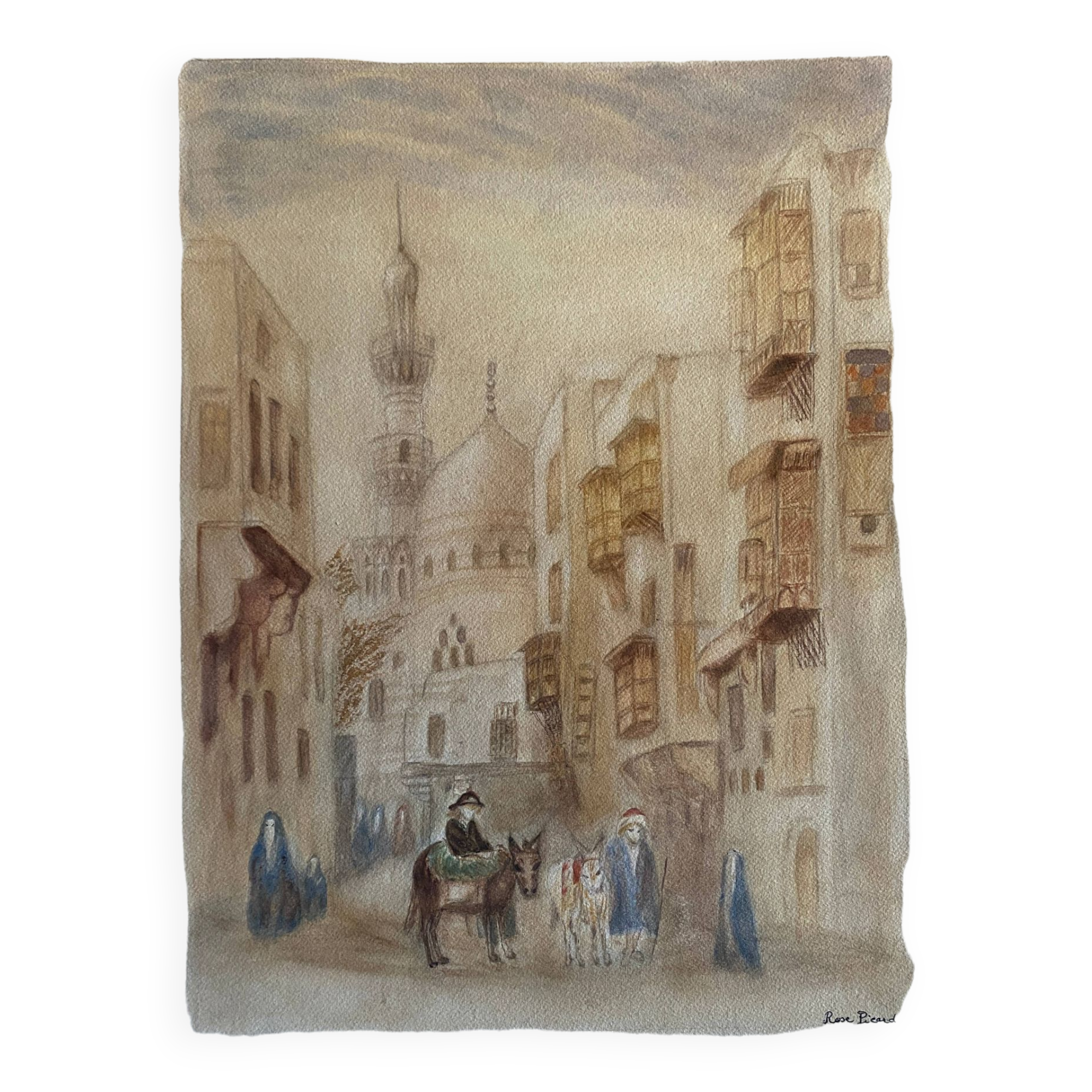 Original watercolor painting "Orientalist View of Medina" signed Rose Picard