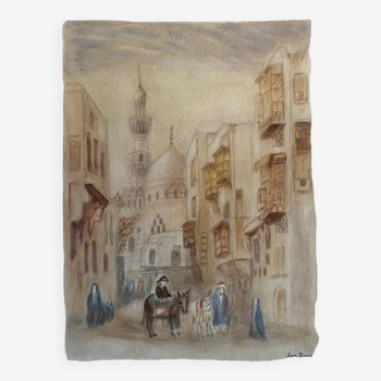 Original watercolor painting "Orientalist View of Medina" signed Rose Picard