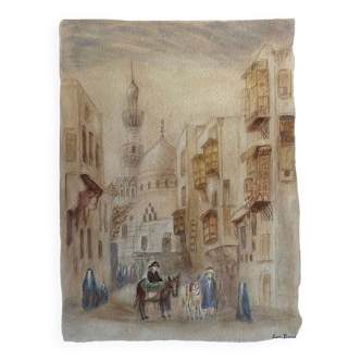 Tableau Aquarelle originale "Vue Orientaliste Medina" signée Rose Picard