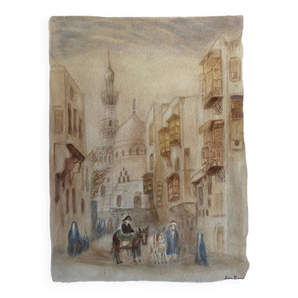 Original watercolor painting "Orientalist View of Medina" signed Rose Picard