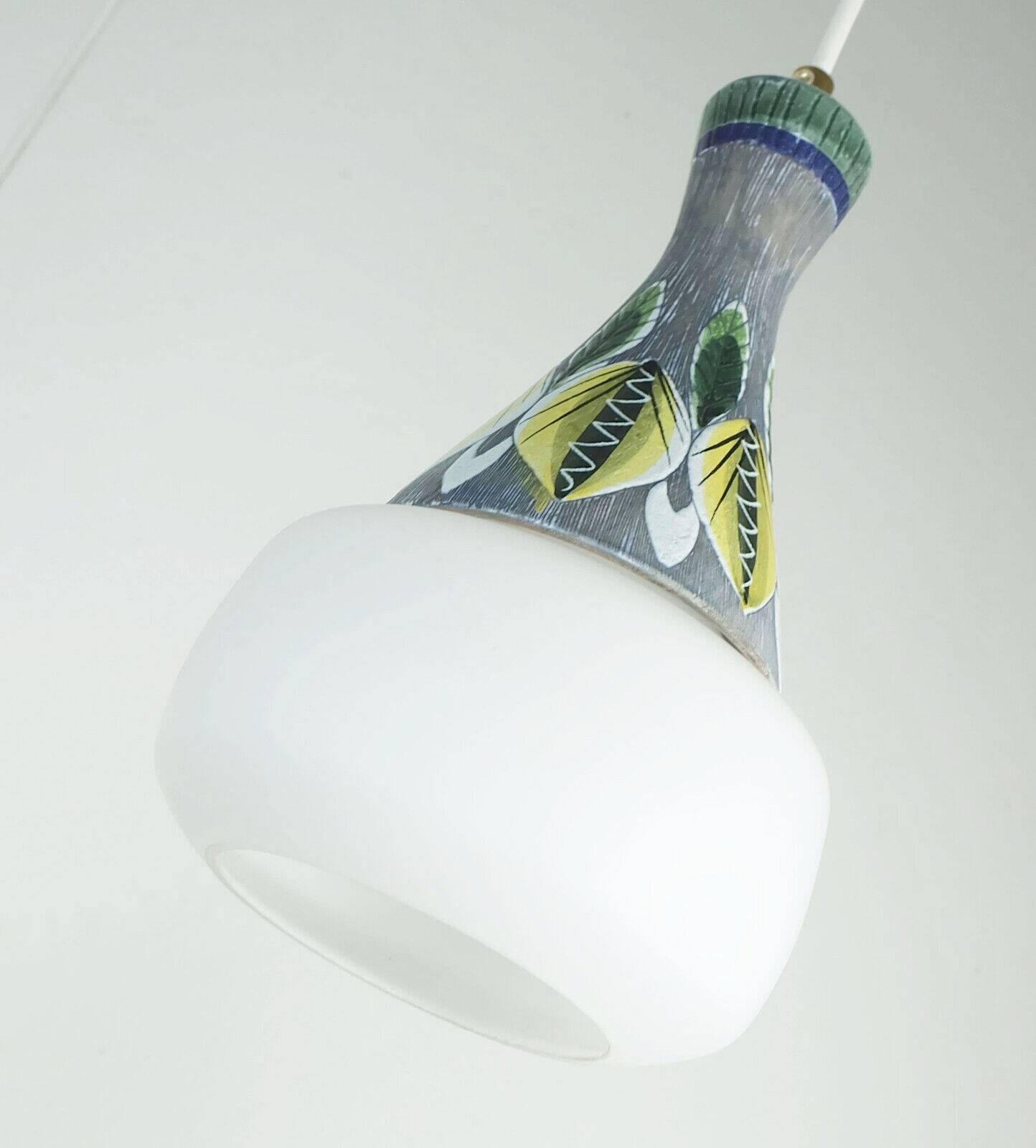 exceptionally beautiful danish modern PENDANT LIGHT teak opaline glass ceramic 3-light hanging lamp