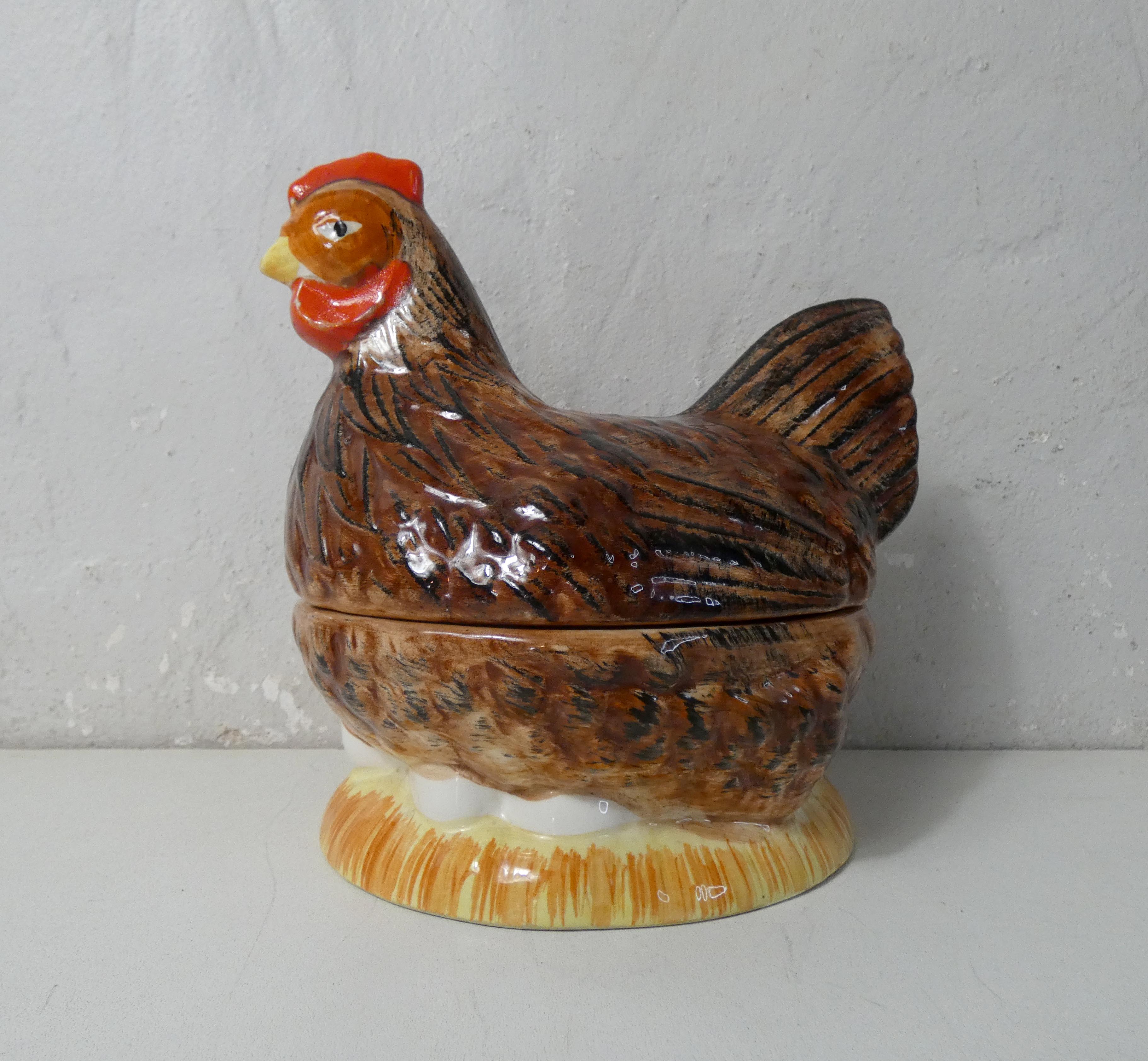 Terrine hen slip ceramic signed Caugant