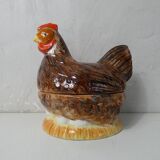 Terrine hen slip ceramic signed Caugant
