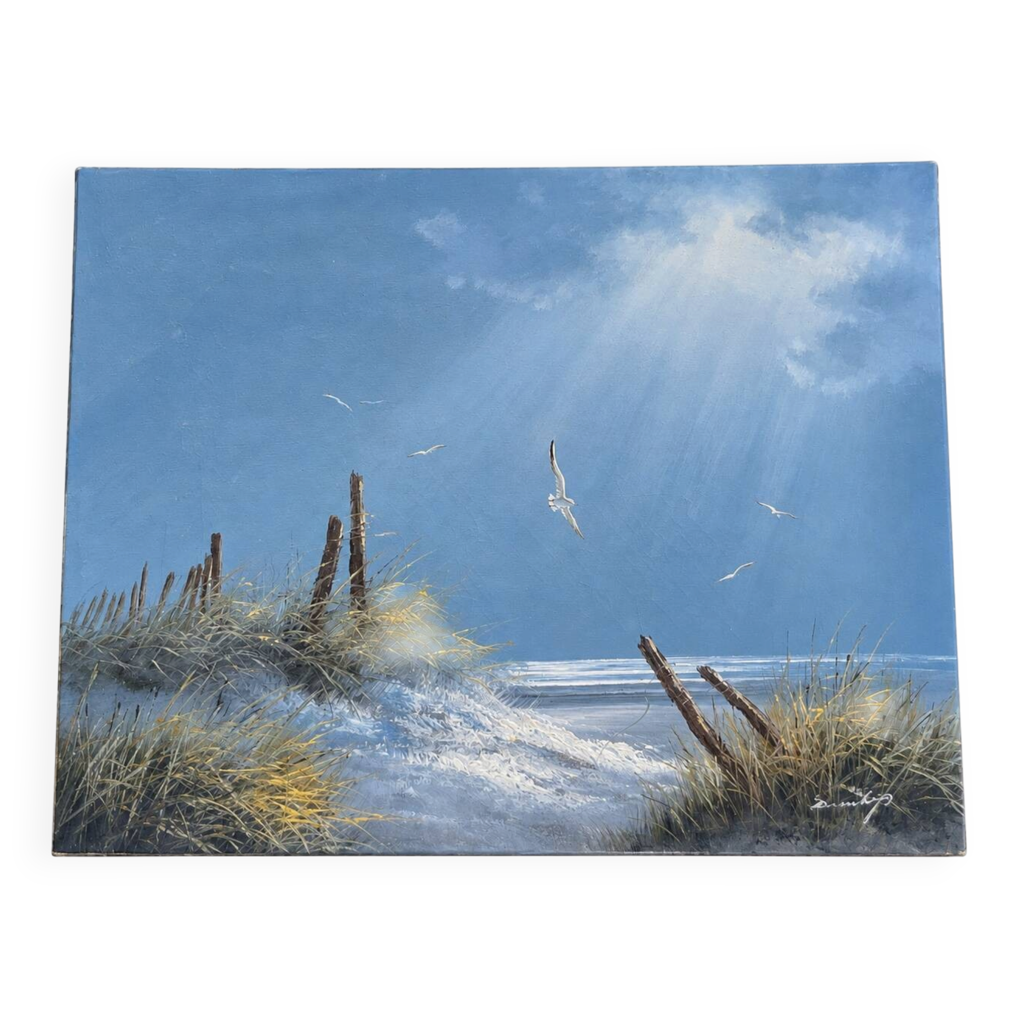 Marine landscape tableau – Dunes and seagulls by the sea – Signed painting