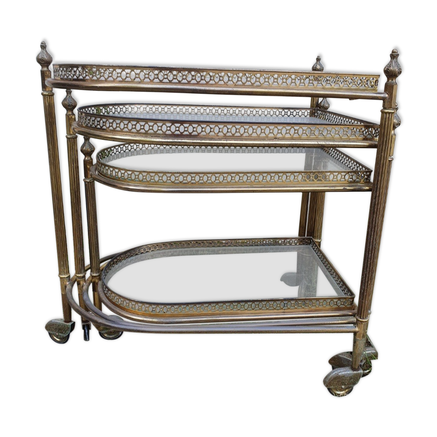 Set of nesting brass and glass serving trolleys