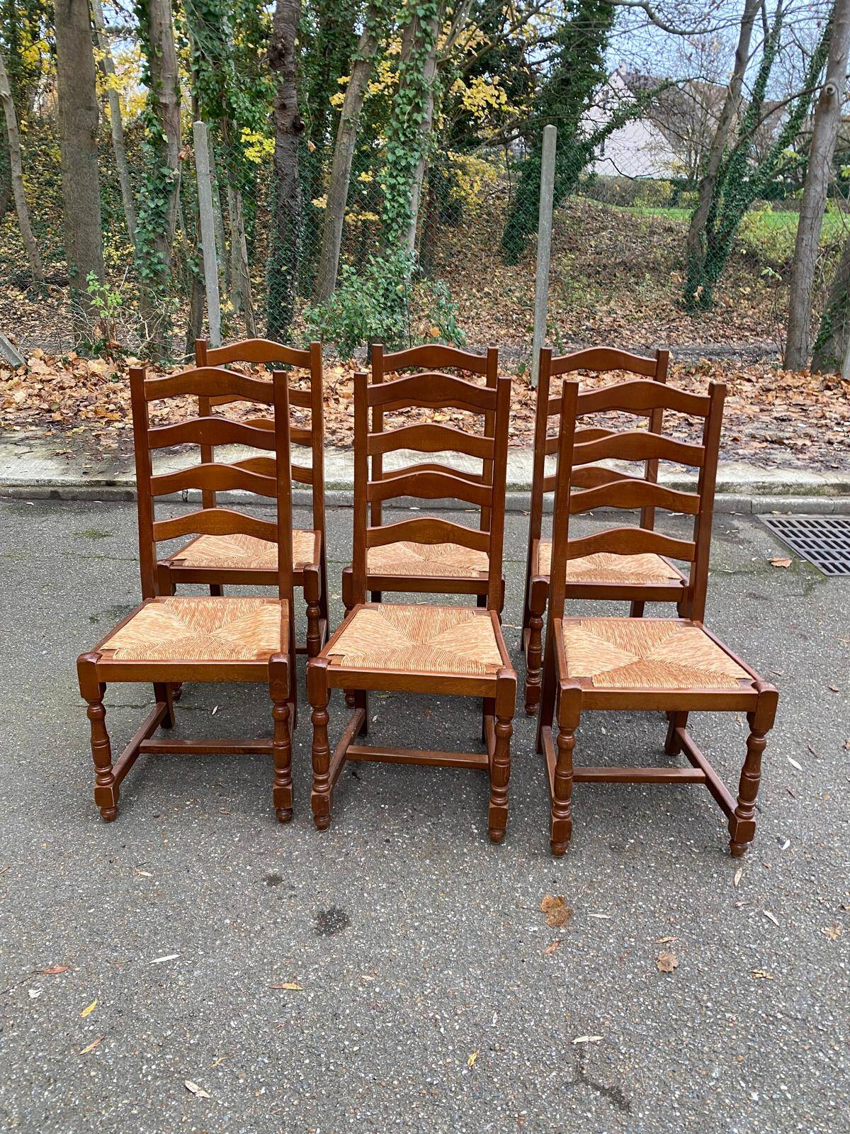 6 solid oak dining chairs with straw seats, 104cm