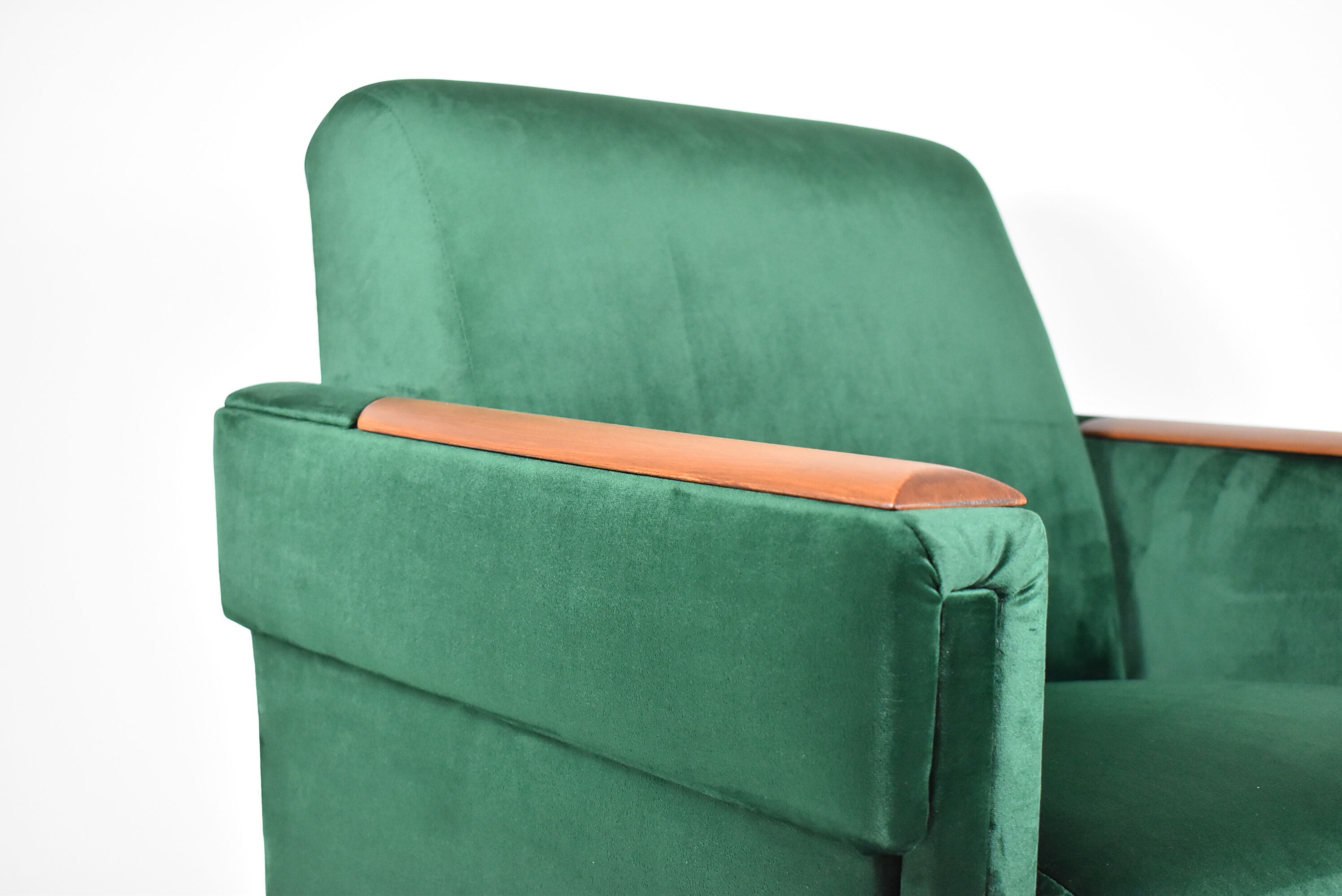 Vintage velvet armchair, 1960s, restored, green bottle