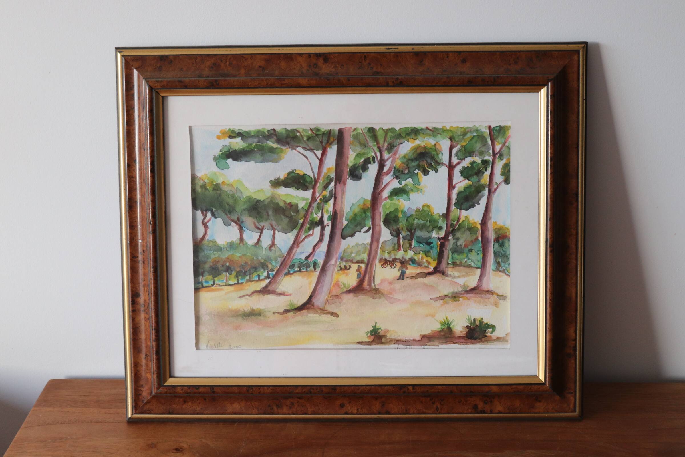 Watercolor painting Landscape pine forest and bicycles
