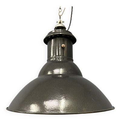 Lampe à suspension industrielle française en émail noir de taille moyenne